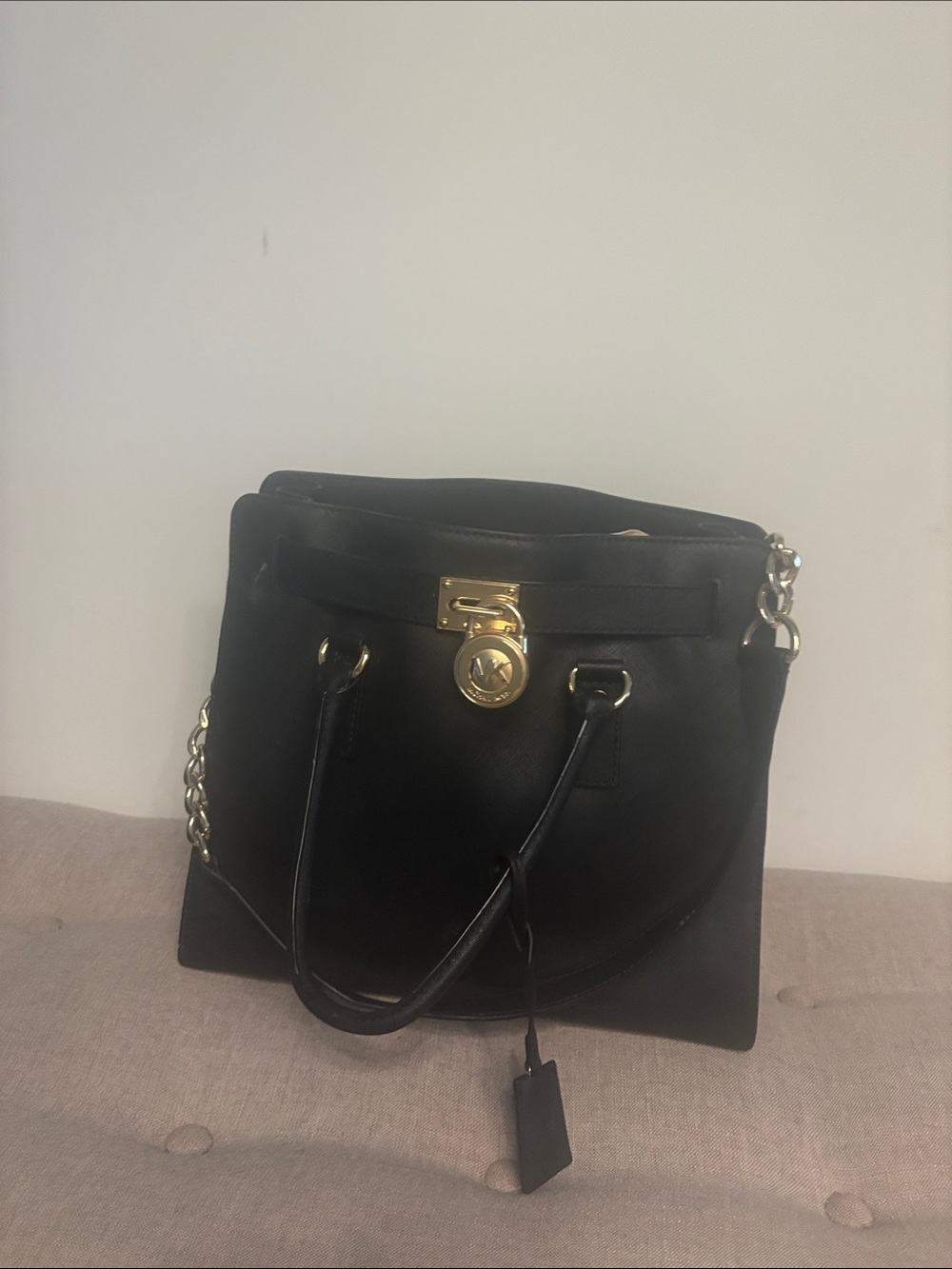 Michael Kors Black Leather Shoulder Bag with Gold-Tone Hardware